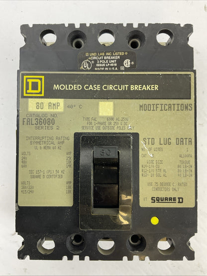 SQUARE D FAL36080 MOLDED CASE CIRCUIT BREAKER SER 2 80AMP 600VAC 250VDC 3POLE