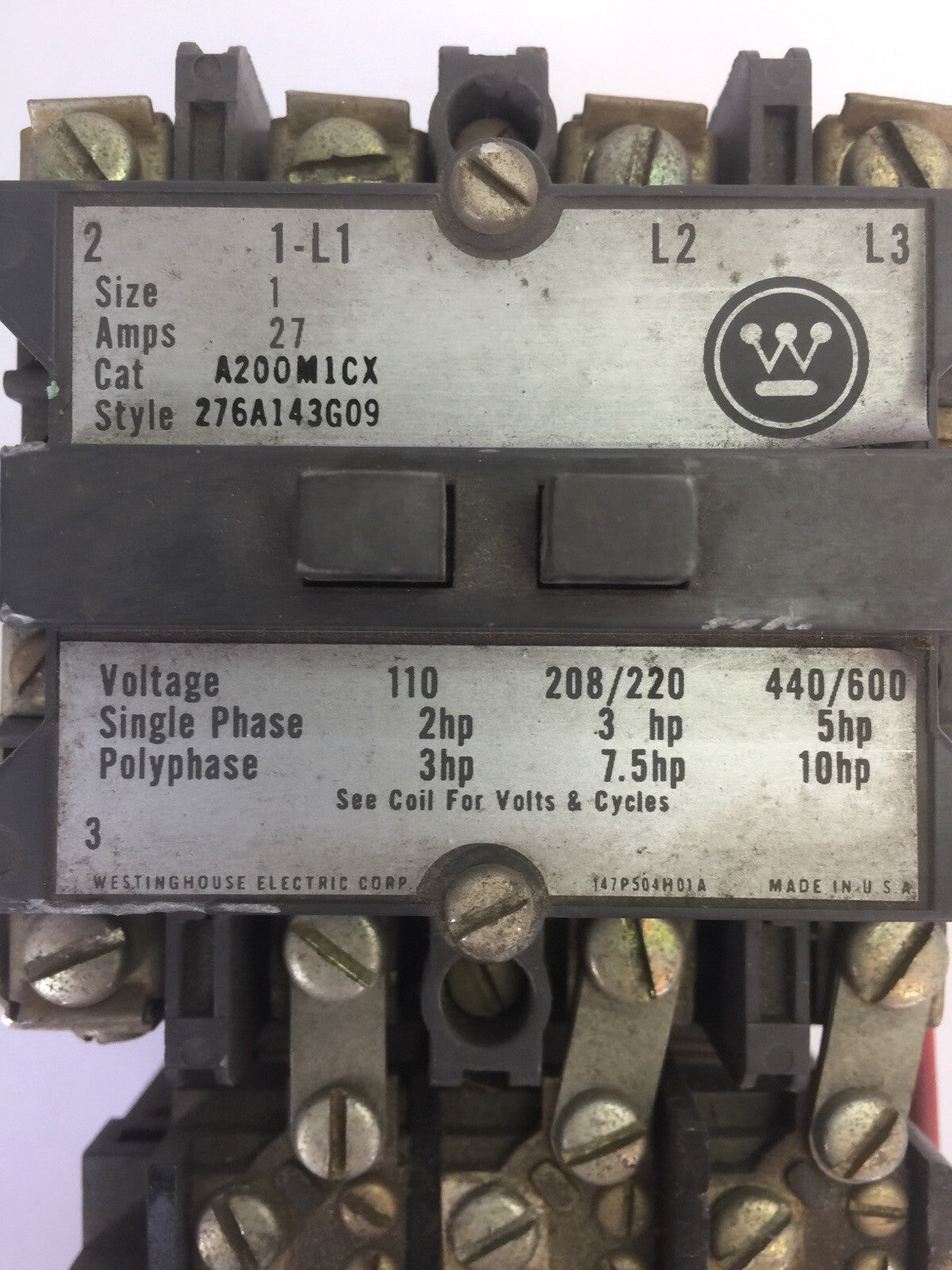WESTINGHOUSE A200M1CX SIZE 1 STARTER 27A 600VAC 10HP 276A143G09