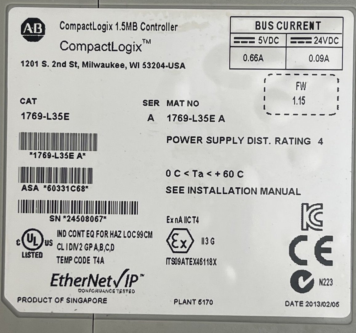 ALLEN BRADLEY 1769-L35E COMPACT LOGIX 1.5MB CONTROLLER SER A 24VDC 0.09A