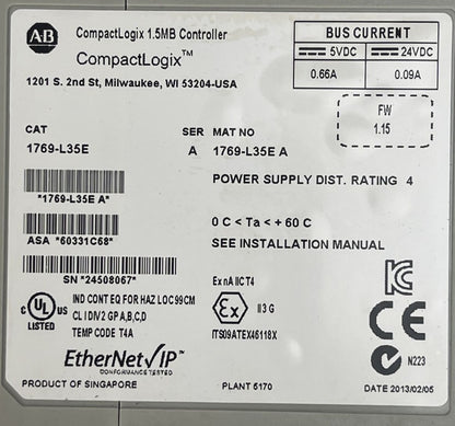 ALLEN BRADLEY 1769-L35E COMPACT LOGIX 1.5MB CONTROLLER SER A 24VDC 0.09A