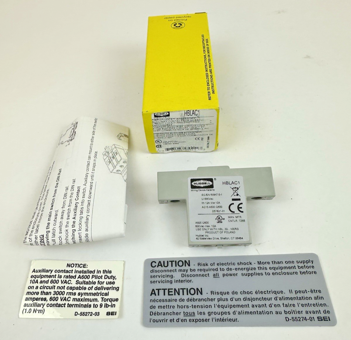 HUBBELL HBLAC1 CIRCUIT-LOCK AUXILIARY CONTACT 10A 600VAC