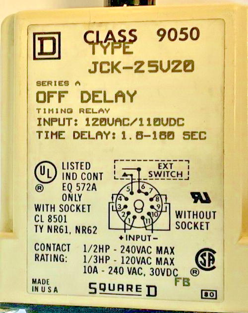 SQUARE D JCK-25V20 OFF RELAY CLASS 9050 120VAC/110VDC 1.5-180 SEC