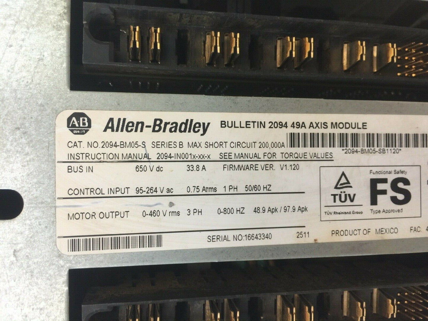 ALLEN BRADLEY 2094-BM05-S SERVO DRIVE SER B MOTOR OUPUT 0-460V rms 3PH 0-800HZ