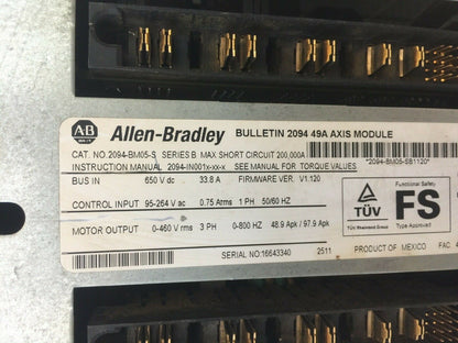 ALLEN BRADLEY 2094-BM05-S SERVO DRIVE SER B MOTOR OUPUT 0-460V rms 3PH 0-800HZ