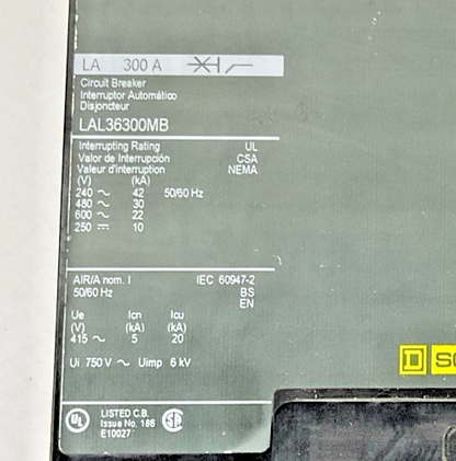 SQUARE D LAL36300MB CIRCUIT BREAKER 300A 50/60HZ 600VAC/250VDC