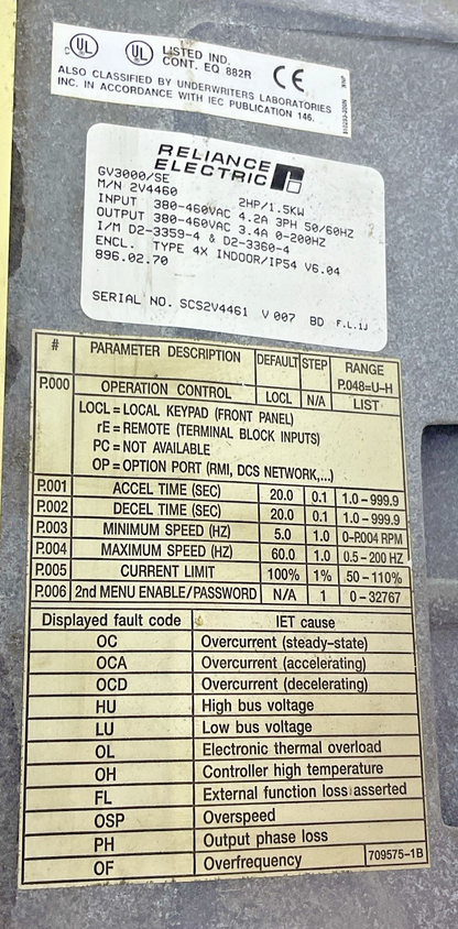 RELIANCE ELECTRIC GV333/SE 2V4460 AC DRIVE 460VAC 2HP 3PH 1.5KW V6.04