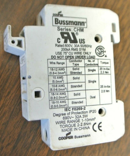 BUSSMANN CHM SERIES FUSE HOLDER / 600V, 30A, 50/60Hz w/o fuses ***LOTOF7***