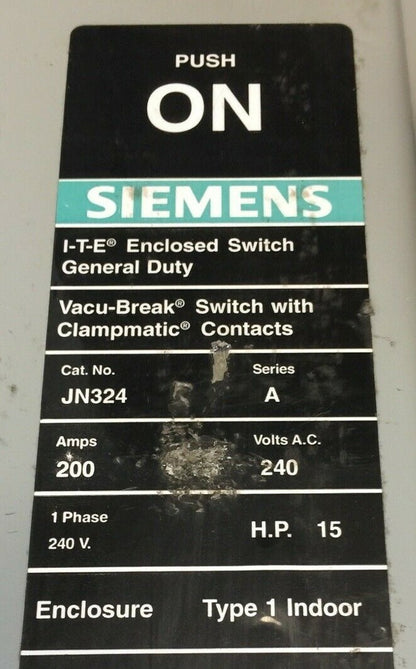 SIEMENS ITE JN324 VACU-BREAK SWITCH WITH CLAMPMATIC CONTACTS SER S 200A 240VAC