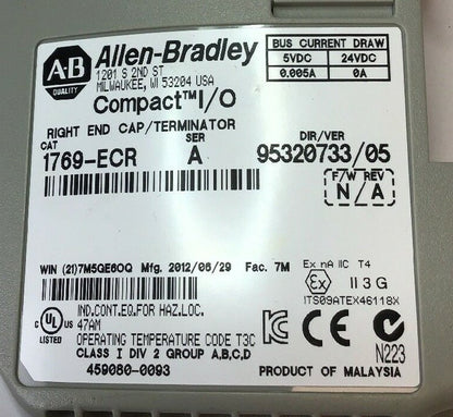 ALLEN BRADLEY 1769-ECR SER.A COMPACT I/O RIGHT END CAP/TERM. 24VDC***LOTOF2***