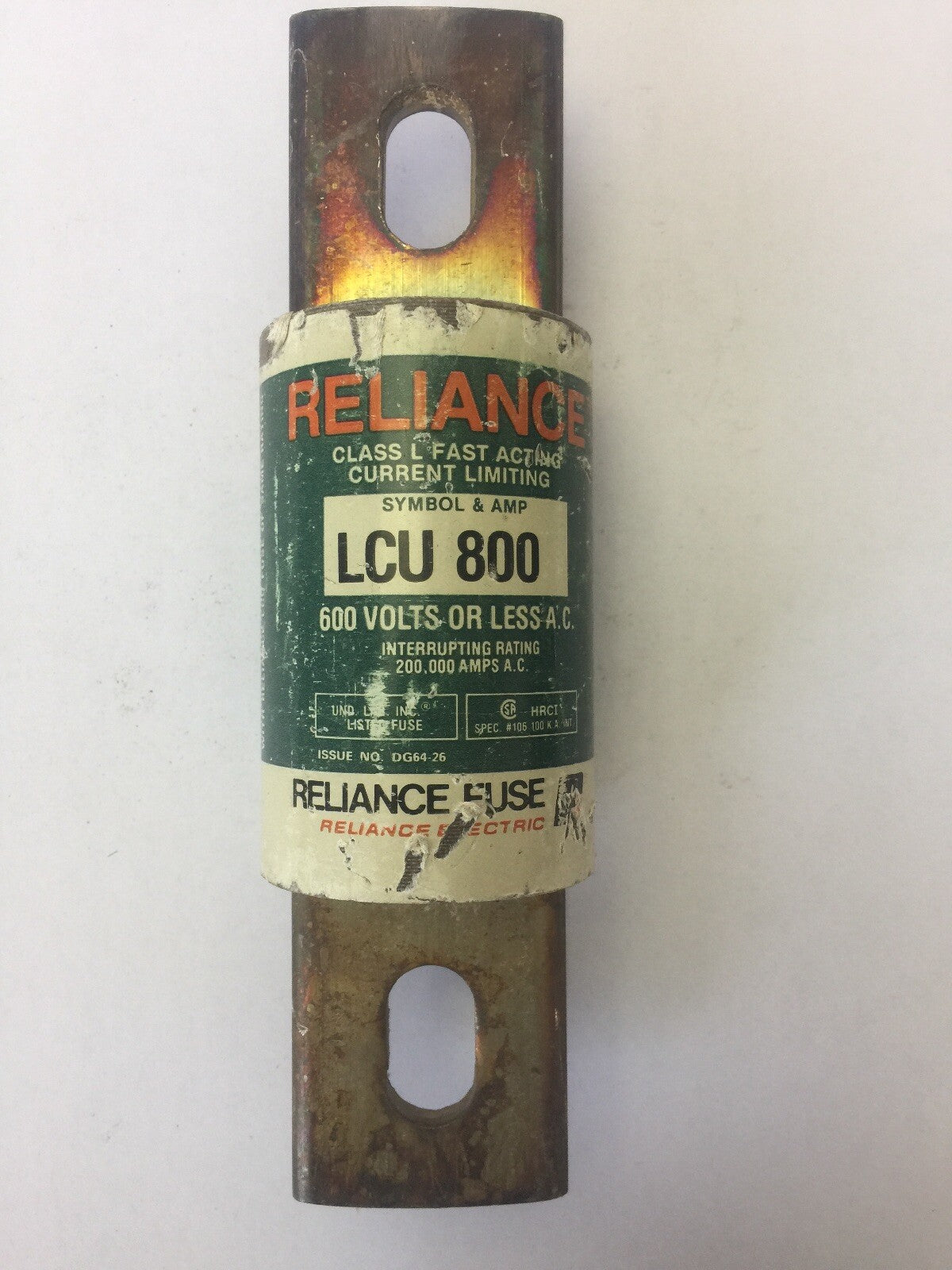 RELIANCE LCU 800 CLASS L FAST ACTING CURRENT LIMITING FUSE 800 AMPS 600 VAC