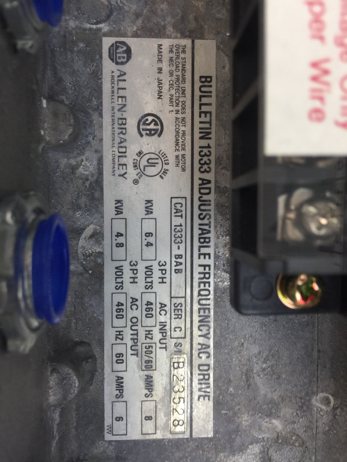 ALLEN BRADLEY 1333-BAB SER C ADJUSTABLE FREQUENCY AC DRIVE OUTPUT 4.8KVA 460VAC