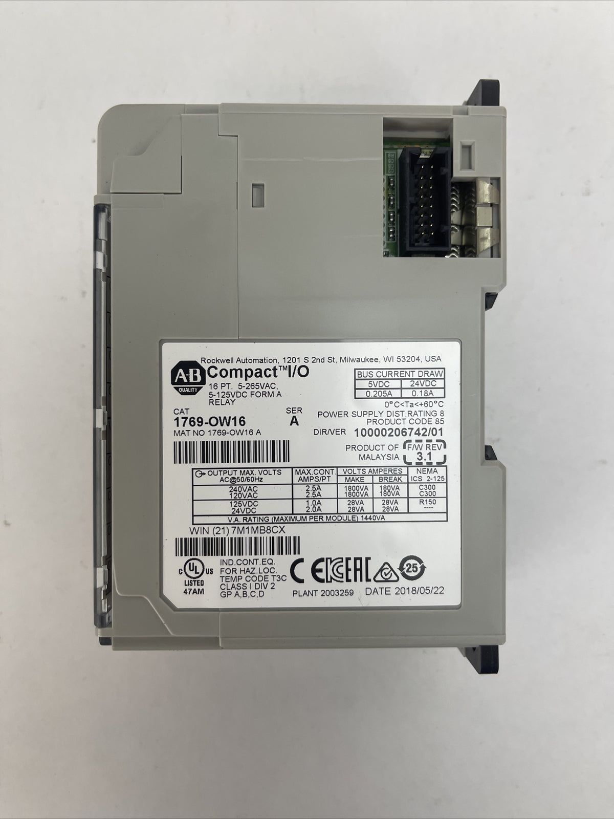 ALLEN BRADLEY 1769-OW16 COMPACT I/O F/W REV 3.1 DIR/VER 10000206742/01 SER A