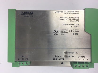 PHOENIX CONTACT QUINT PS-120AC/24DC/10/F POWER SUPPLY 120VAC 47-63HZ 24VDC 10A