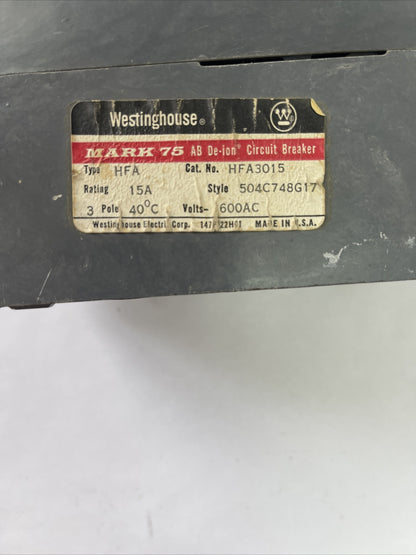 WESTINGHOUSE HFA3015 AB DE-ION CIRCUIT BREAKER 15AMP 3POLE 600VAC 504C748G17