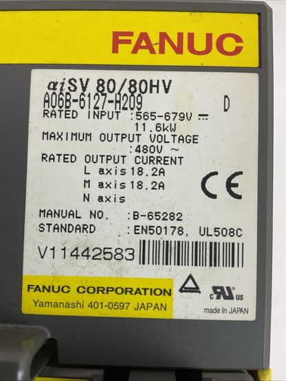 FANUC A06B-6127-H209 SERVO DRIVE OUTPUT 480VAC INPUT 565-679VDC 11.6kW SER D
