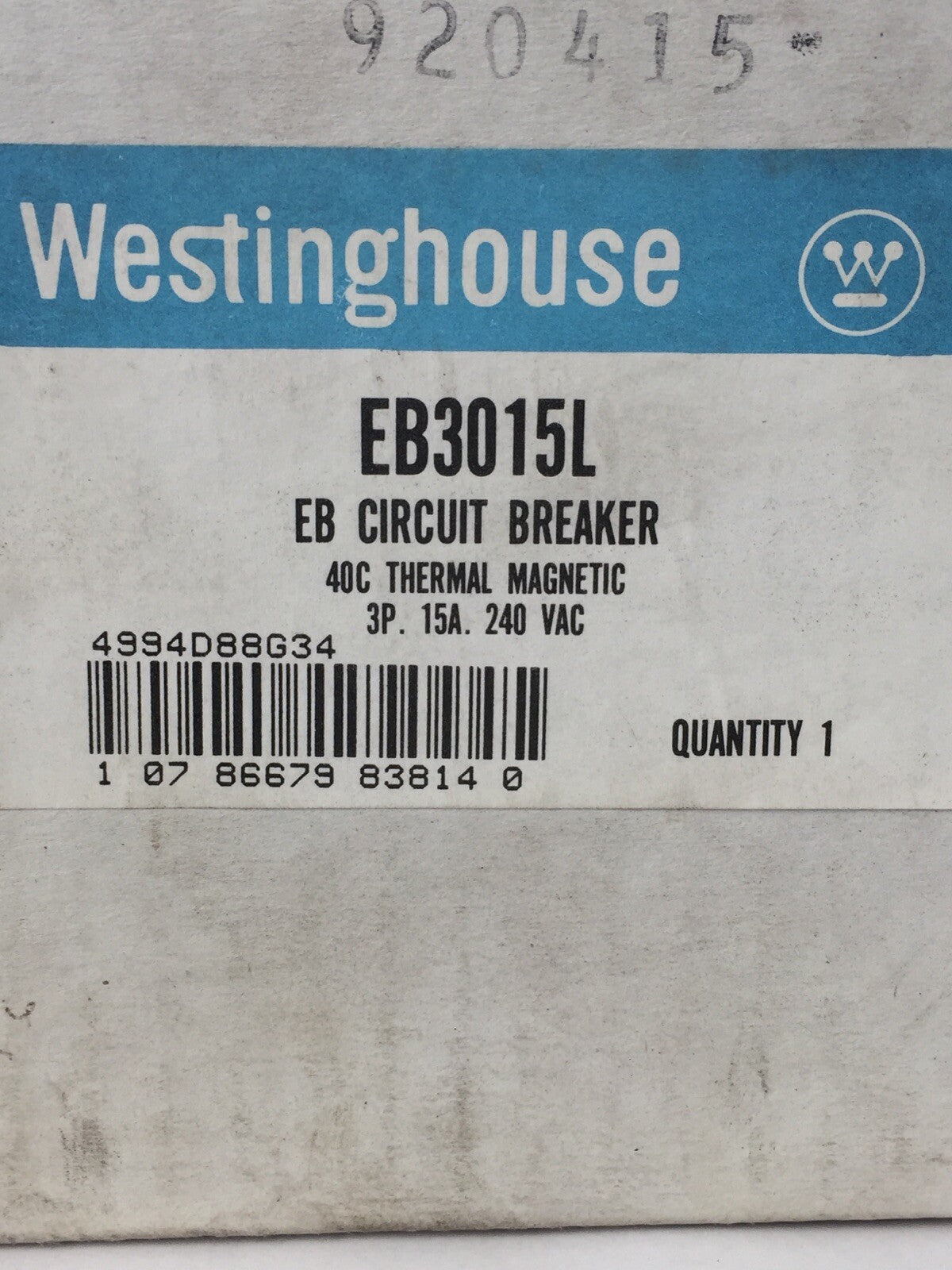 WESTINGHOUSE EB3015L CIRCUIT BREAKER 15AMP 240VAC 3POLE 4994D88G34