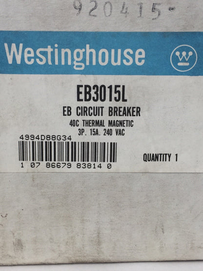 WESTINGHOUSE EB3015L CIRCUIT BREAKER 15AMP 240VAC 3POLE 4994D88G34