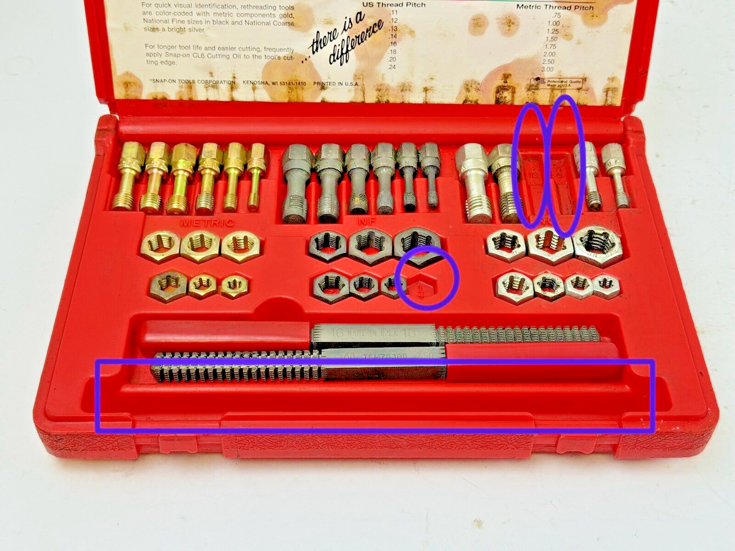 SNAP-ON - RTD40 - RETHREADING SET - MISSING NC 3/8, 7/16 TAP, NF 1/4 DIE, 1 FILE