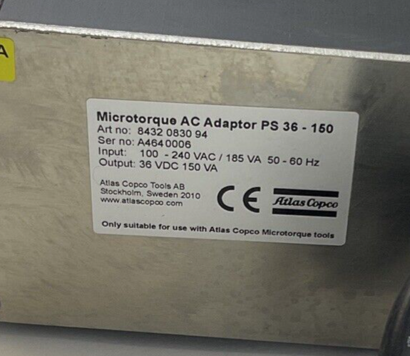 ATLAS COPCO 8432083094 MICROTORQUE AC ADAPTER PS36-150 240VAC 185VA 50-60HZ
