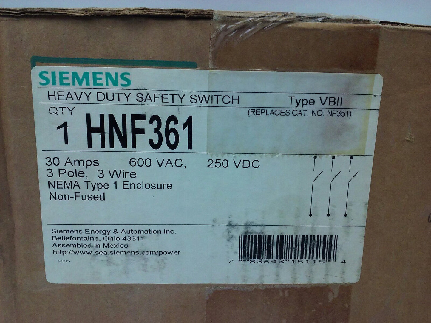 SIEMENS HNF361 SAFETY SWITCH, TYPE 1 ENCLOSURE, TYPE VB11, 30A, 600V, 3P, NEW