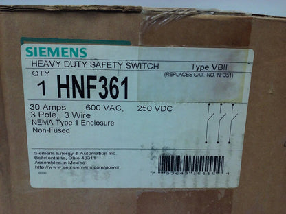 SIEMENS HNF361 SAFETY SWITCH, TYPE 1 ENCLOSURE, TYPE VB11, 30A, 600V, 3P, NEW