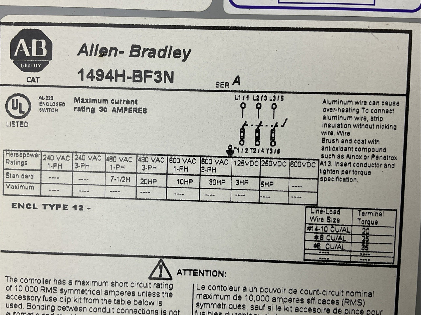 ALLEN BRADLEY 1494H-BF3N 600VAC 3PH 30HP 250VDC 5HP NON FUSIBLE DISCONNECT