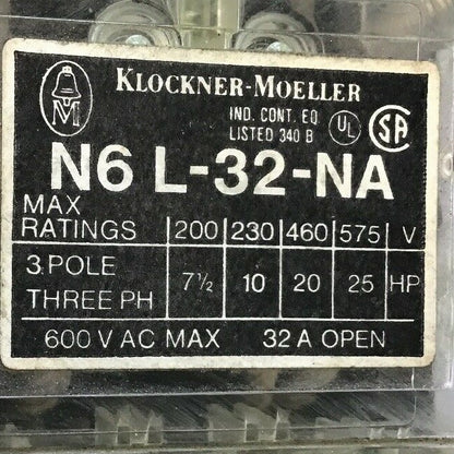 KLOCKNER MOELLER N6 L-32-NA CIRCUIT INTERRUPTER 600VAC 32A