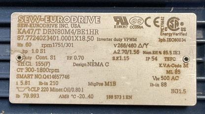 SEW-EURODRIVE KA47/T DRN80M4/BE1HR GEAR MOTOR HZ 60 rpm 1751/301 V266/460