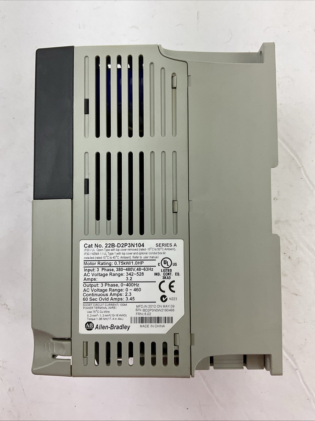 ALLEN BRADLEY 22B-D2P3N104 SER.A  AC DRIVE 0.75kW/1.0HP OUTPUT 0-460VAC