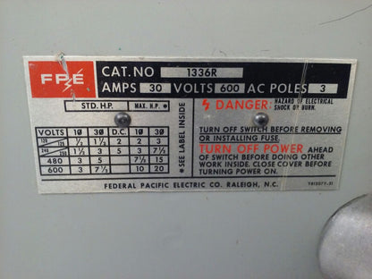 FPE 1336R FUSIBLE SAFETY SWITCH 3P, 30A, 600VAC, 3 WIRE, 3 BLADES, 20HP