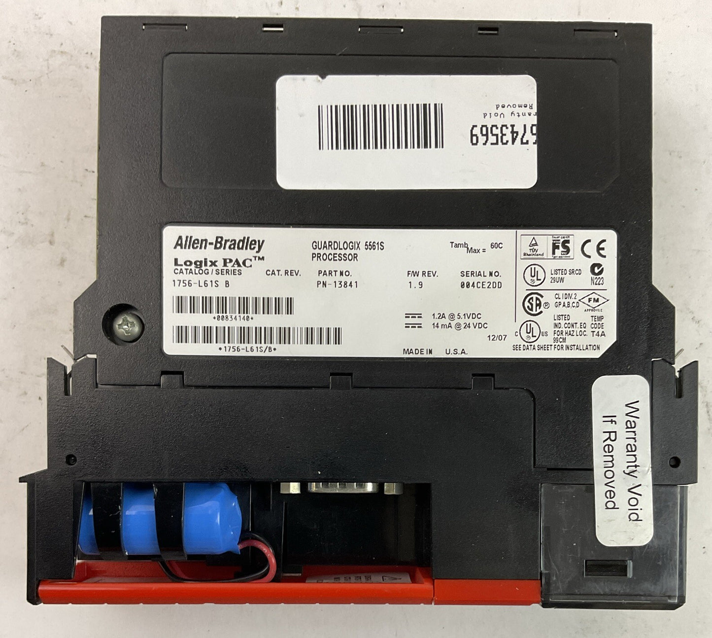 ALLEN BRADLEY 1756-L61S SER B F/W REV 1.9 GUARDLOGIX 5561S PROCESSOR *NO KEY*