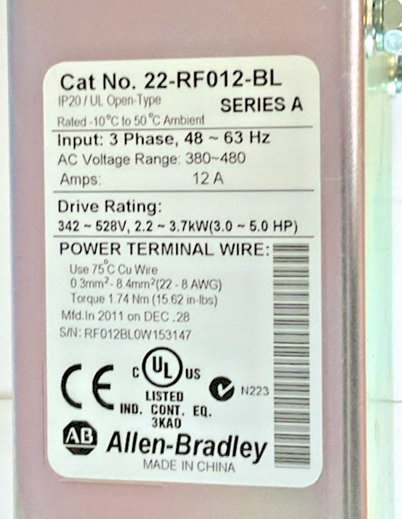 ALLEN BRADLEY 22-RF012-BL POWERFLEX LINE FILTER SER.A  480VAC 63HZ 12A 5.0HP