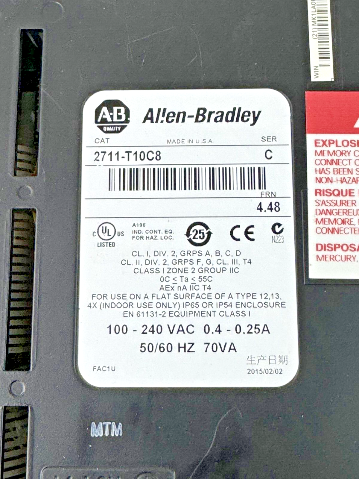 ALLEN-BRADLEY - 2711-T10C8 SER. C/FRN 4.48 - PANELVIEW 1000 ASSEMBLED TERM