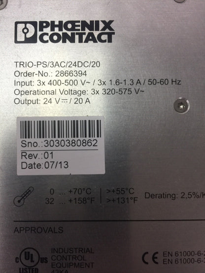 PHOENIX CONTACT TRIO-PS/3AC/24DC/20 POWER SUPPLY OUTPUT 24VDC 20A