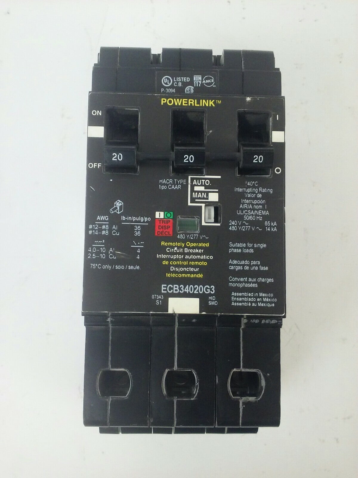 SCHNEIDER SQUARE D ECB34020G3 TYPE ECB BOLT-ON CIRCUIT BREAKER 3P 20A 480Y/277V