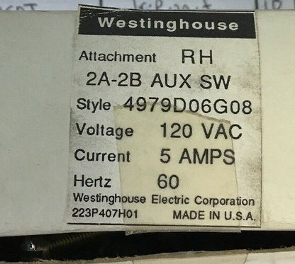 WESTINGHOUSE 2A-2B AUX SWITCH STYLE 4979D06GO8 120VAC 5AMPS 60HZ