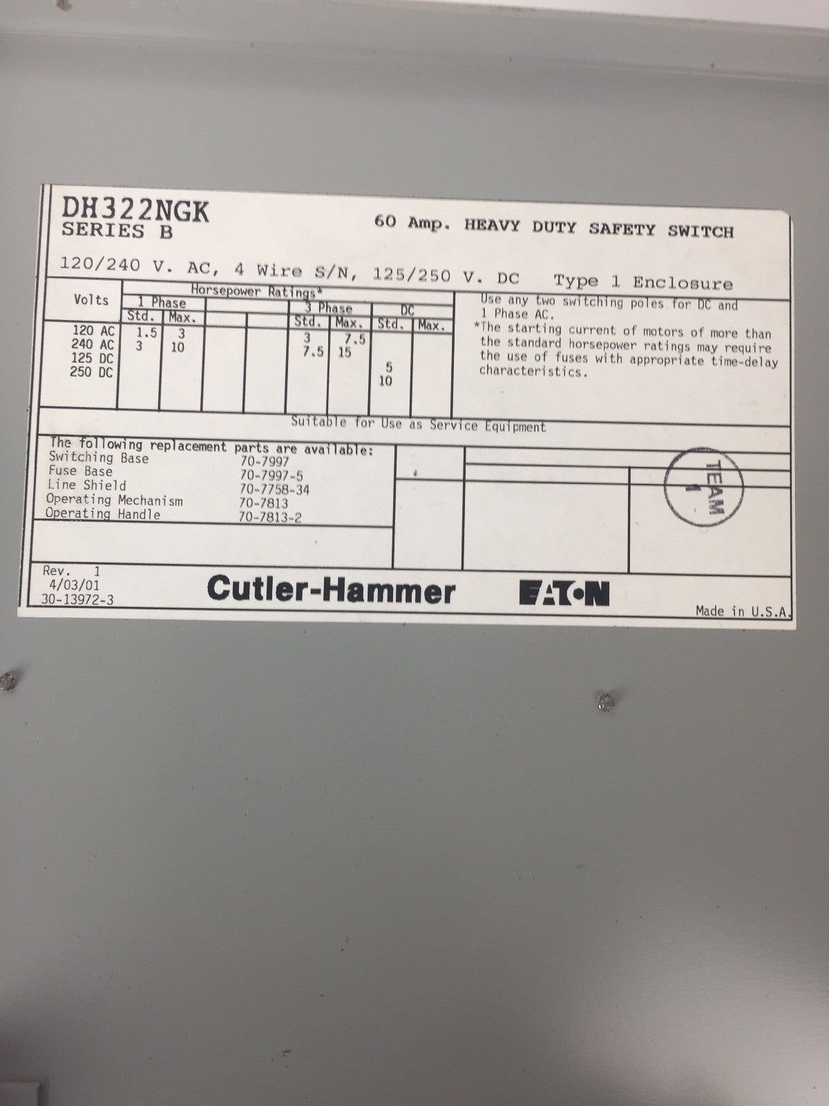 CUTLER HAMMER DH322NGK FUSIBLE HD SAFETY SWITCH 240VAC 250VDC 60AMP 3P TYPE 1
