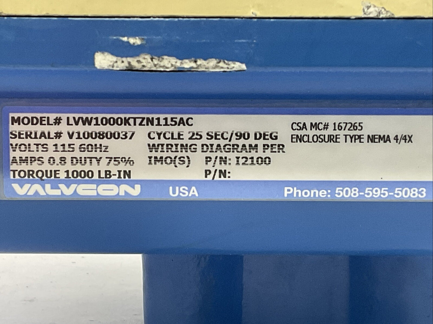 VALVCON LVW1000KTZN115AC ELECTRIC VALVE ACUTATOR CYCLE 25 SEC/90 DEG 115V