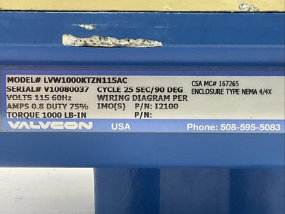 VALVCON LVW1000KTZN115AC ELECTRIC VALVE ACUTATOR CYCLE 25 SEC/90 DEG 115V