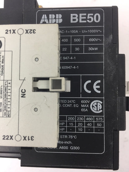 ABB BE50 CONTACTOR 600V 65A 3 POLE COIL 24VDC WITH CA L7 & CD L7 AUXILIARY CONTA