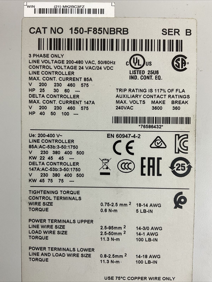 ALLEN BRADLEY 150-F85NBRB SER B SMC-FLEX SMART MOTOR CONTROLLER