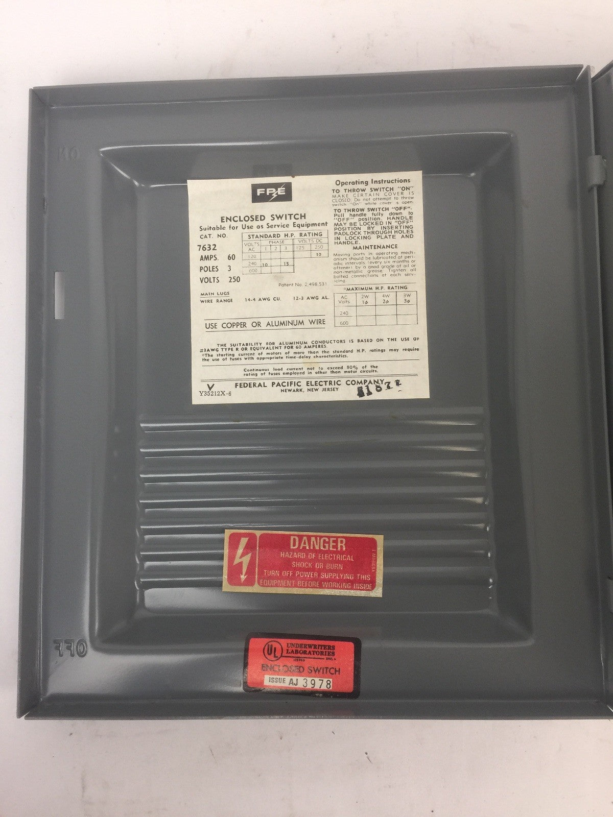 FPE 7632 TYPE LD SAFETY SWITCH 60AMP 250VDC 240VAC 3 POLE 10-15HP