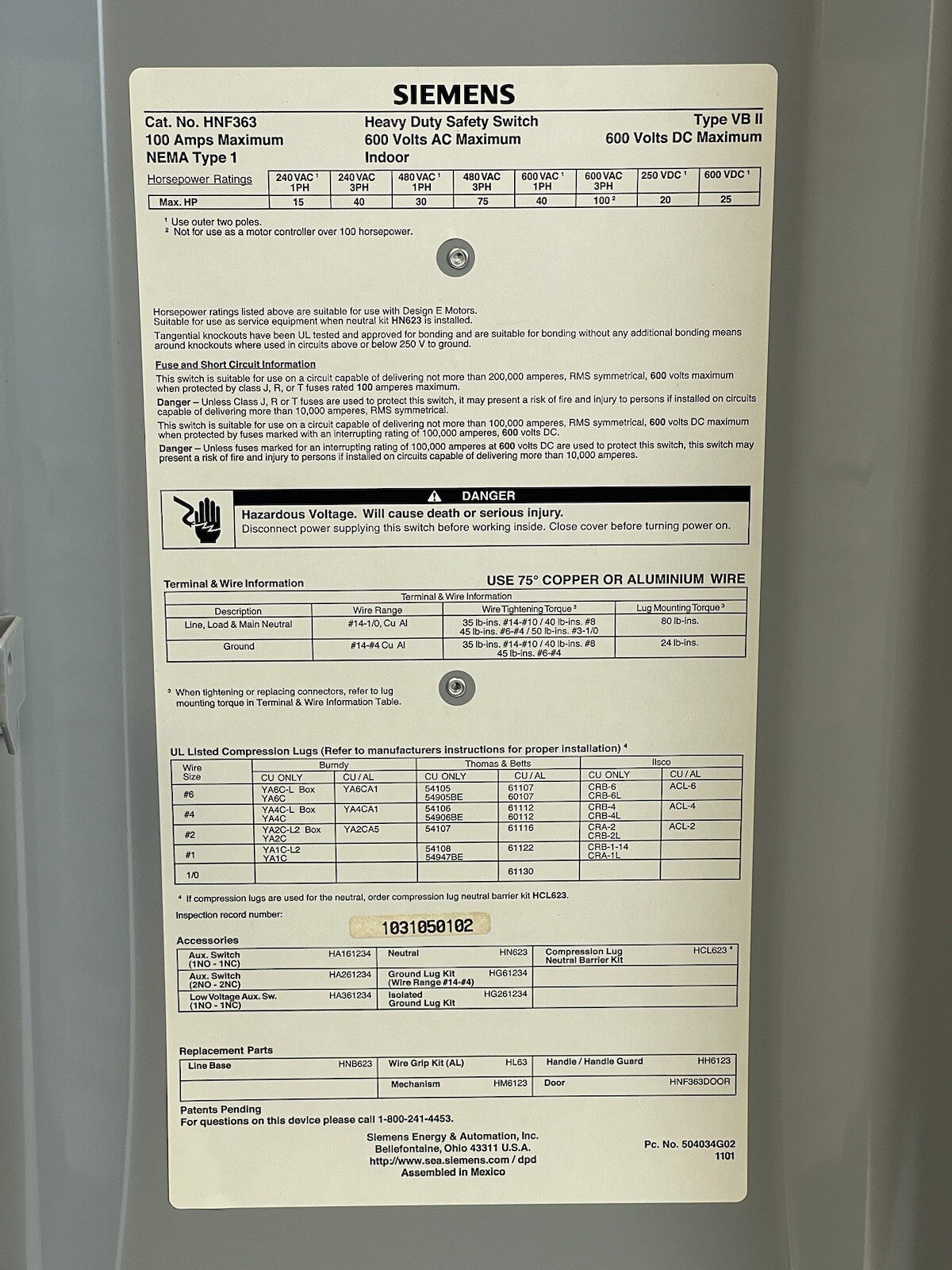 SIEMENS HNF363 ENCLOSED SWITCH 3P 100A 600VAC/VDC