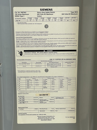 SIEMENS HNF363 ENCLOSED SWITCH 3P 100A 600VAC/VDC
