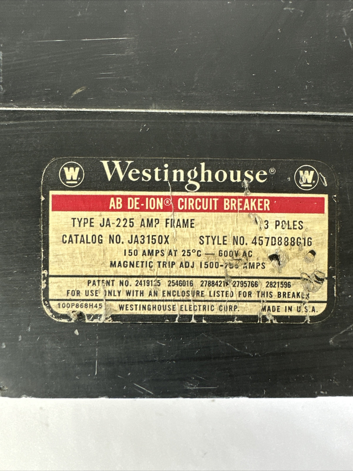 WESTINGHOUSE JA3150C AB DE-ION CIRCUIT BREAKER 3POLE 150A 600VAC