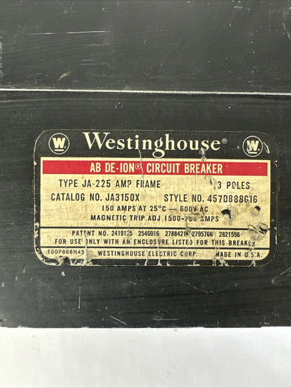 WESTINGHOUSE JA3150C AB DE-ION CIRCUIT BREAKER 3POLE 150A 600VAC