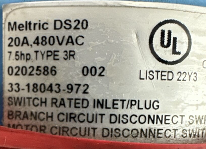 MELTRIC DS20 20A 480VAC 7.5HP TYPE 3R 33-18043-972 SWITCH RATED INLET/PLUG