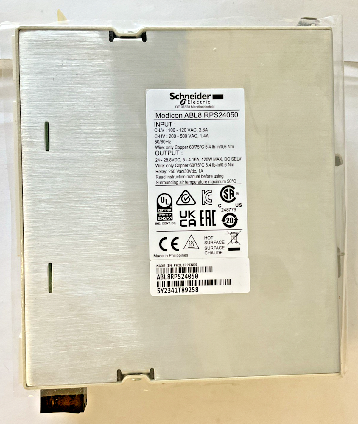 SCHNEIDER ELECTRIC ABL8RPS24050 POWER SUPPLY MODICON 940561 24VDC 5A 500VAC