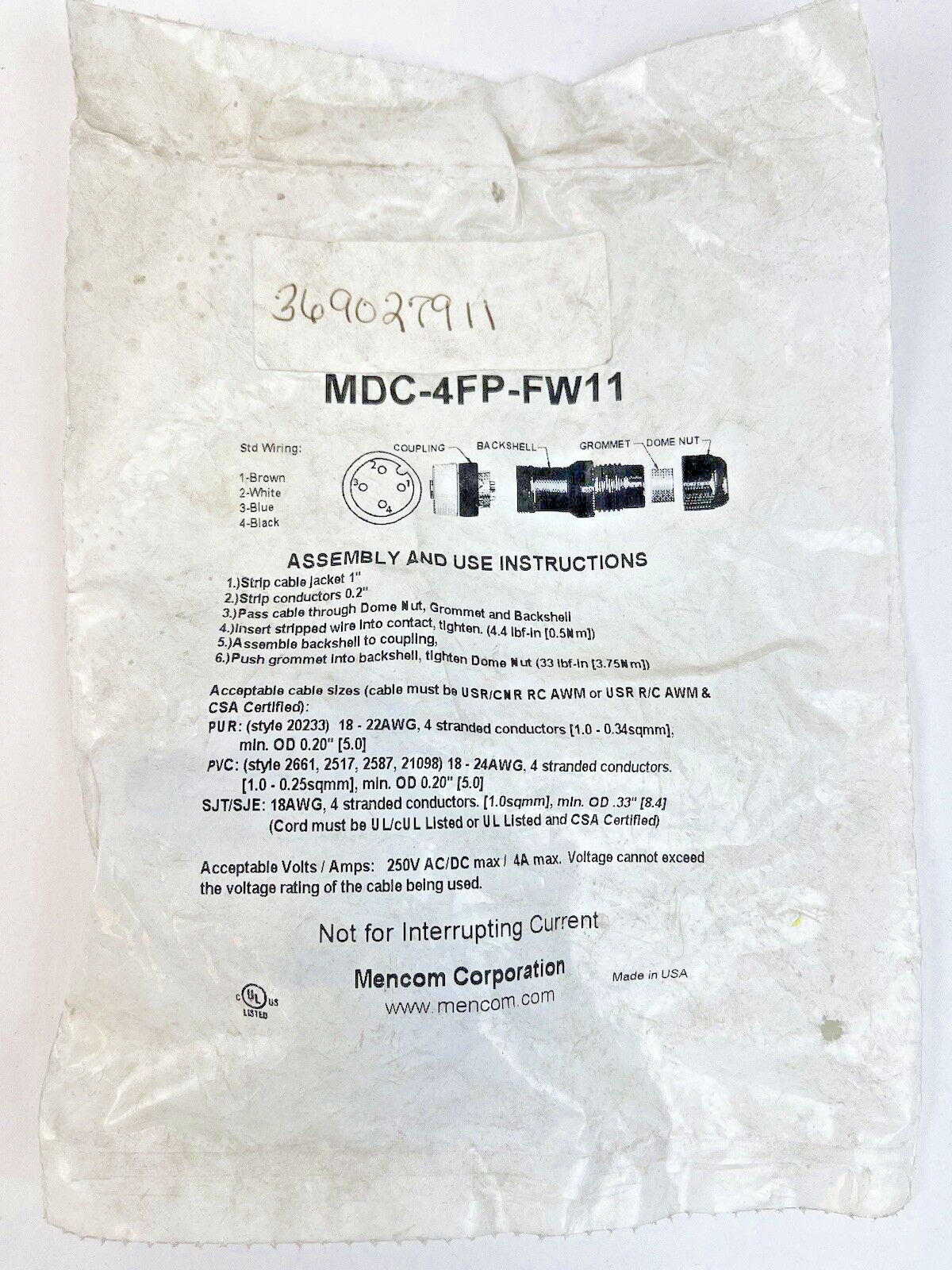 MENCOM - MDC-4FP-FW11 - MICRO DC - FEMALE STRAIGHT FIELD - WIREABLE PLUG - 4 PIN