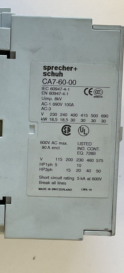 SPRECHER+SCHUH CA7-60-00 CONTACTOR 600VAC 100A
